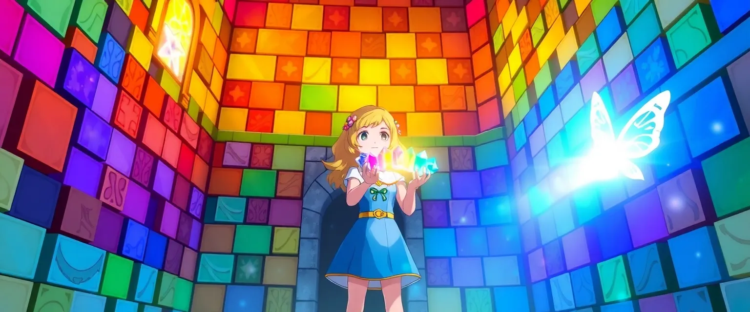 Luna holds seven glowing crystals that restore the castle's colors.