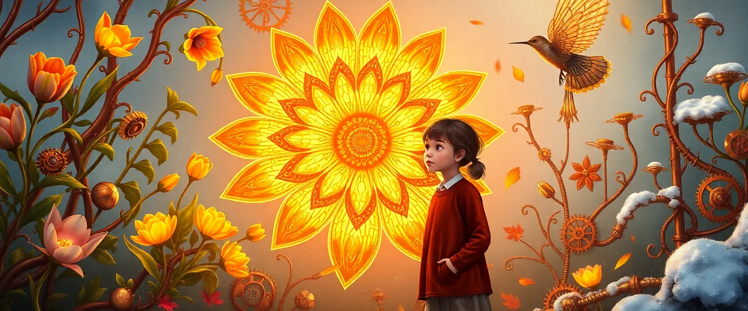 The girl Iris stands in a magical mechanical garden full of bronze flowers.