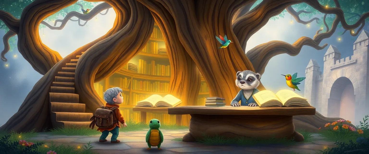 Timo the turtle and Iris the hummingbird meet the Keeper of Dreams in a magical library.