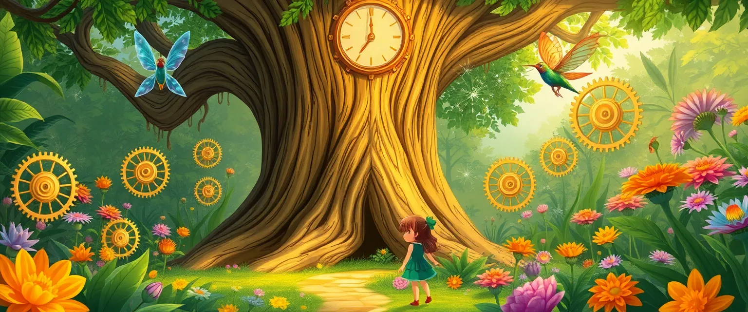 The girl Ivy and the fairy Blossom gaze in wonder at the magical Clockwork Garden and the Timekeeper Oak.