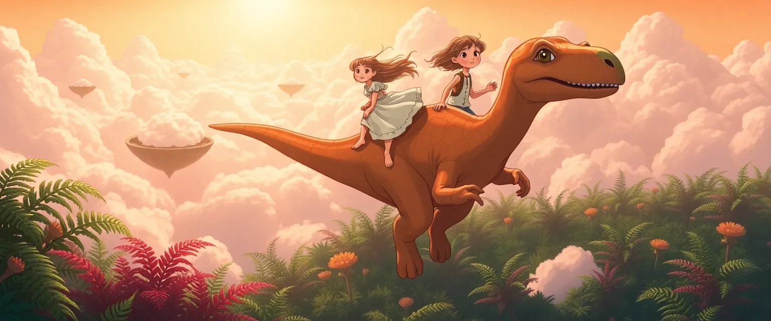 Polly flying on the back of the brachiosaurus Gromik between floating islands.