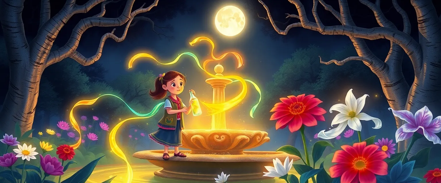 A girl and a little monkey return glowing stories to the flowers in a magical garden.