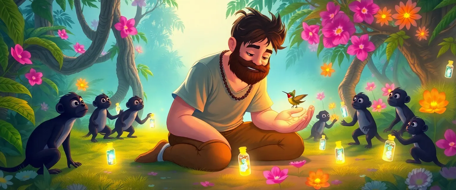 The gentle giant Finn holds a tiny hummingbird on his palm.