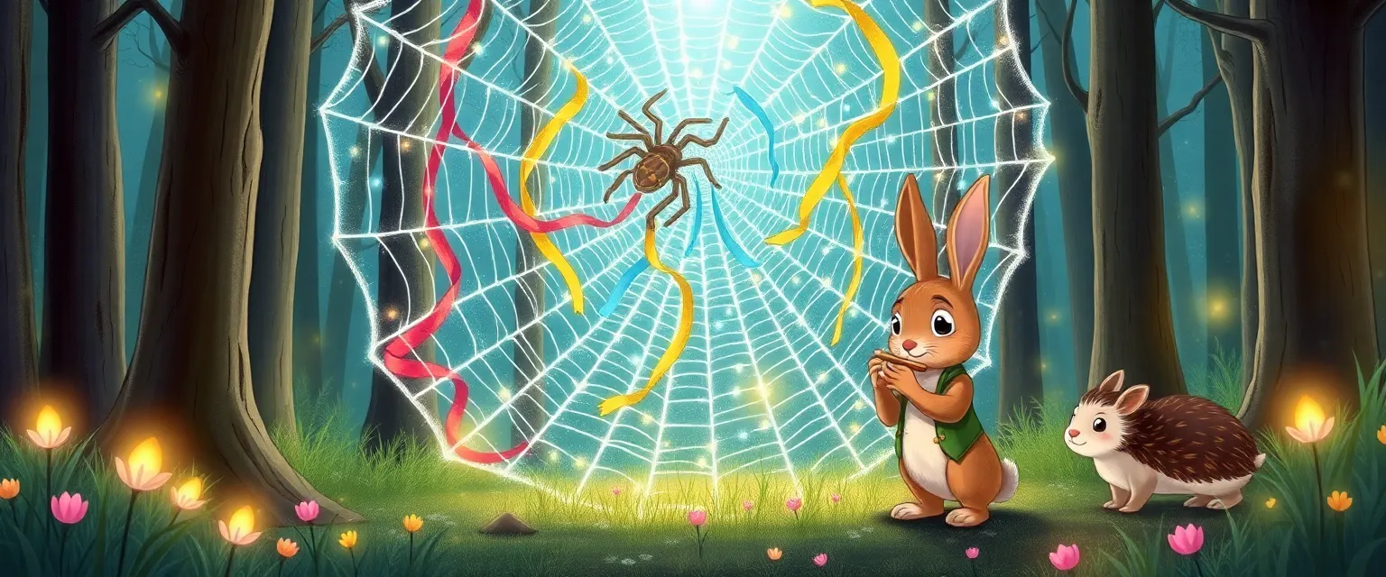 The rabbit Melody plays her flute before the crystal web in the enchanted forest.