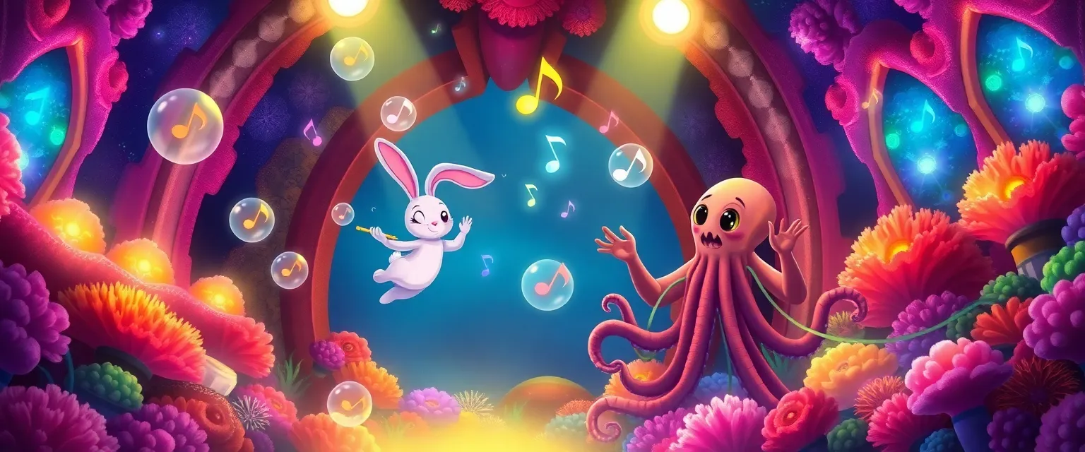 The rabbit Melody and the octopus Maestro perform a magical symphony in the coral hall.