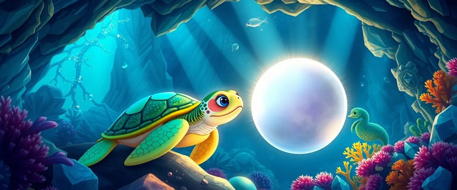 The young sea turtle Timmy touches the Pearl of Courage and it bursts into brilliant light.