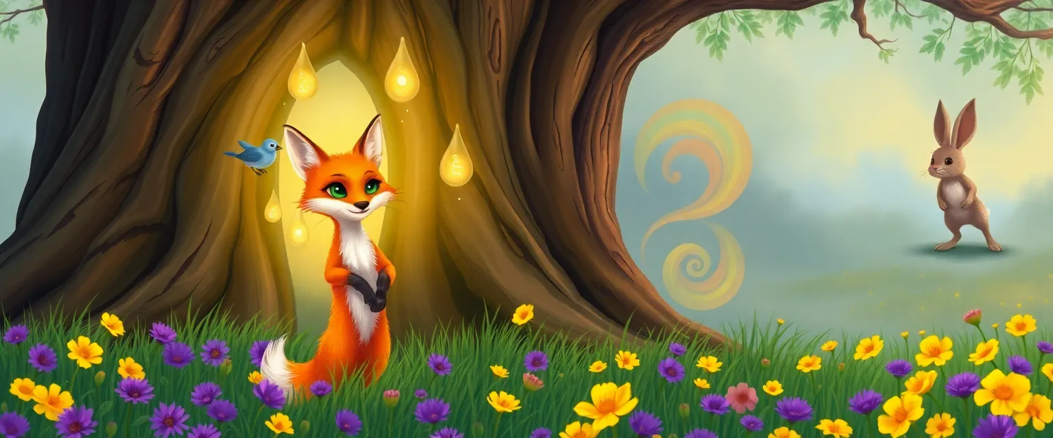 Fox Felix looks at the painted door on the old oak.