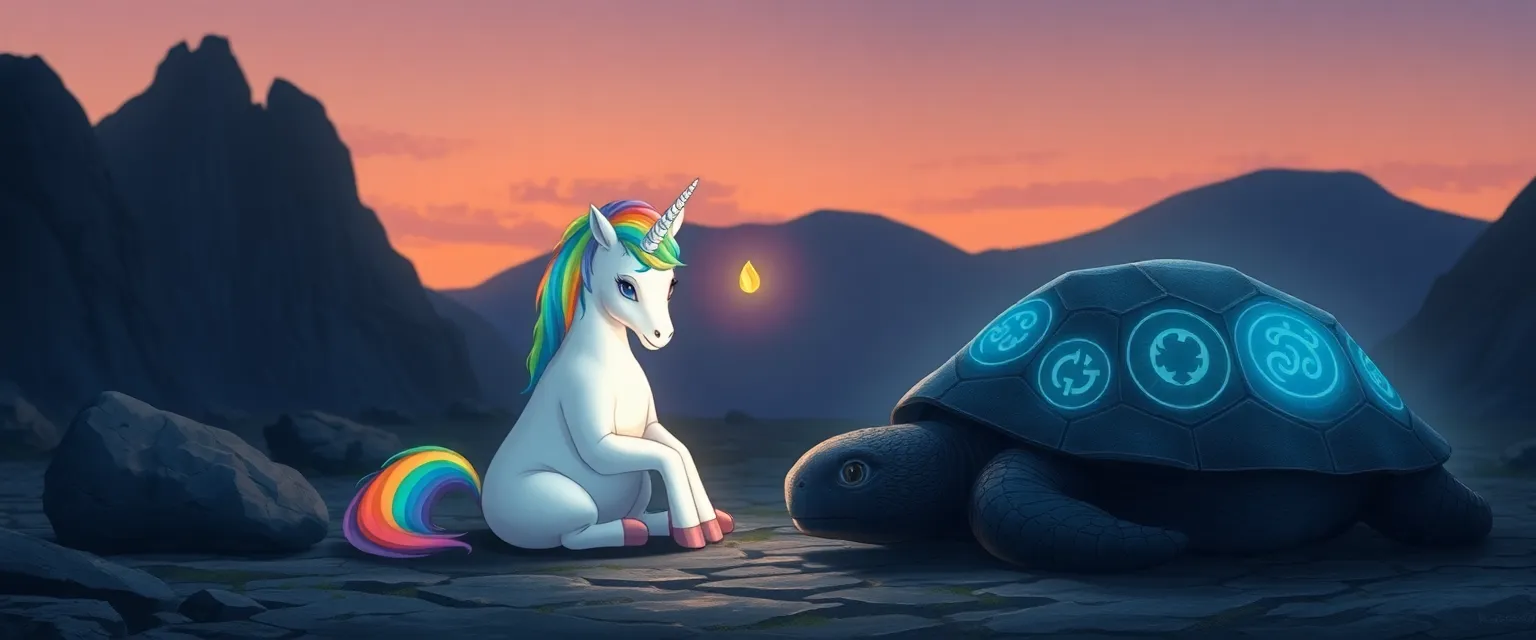 The unicorn Starlight sits silently beside the ancient glowing tortoise.