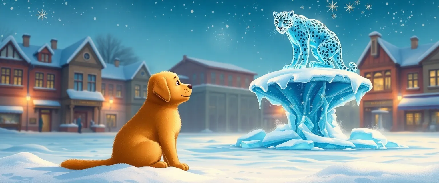 The golden puppy Skip sits perfectly still before an ice-carved snow leopard.