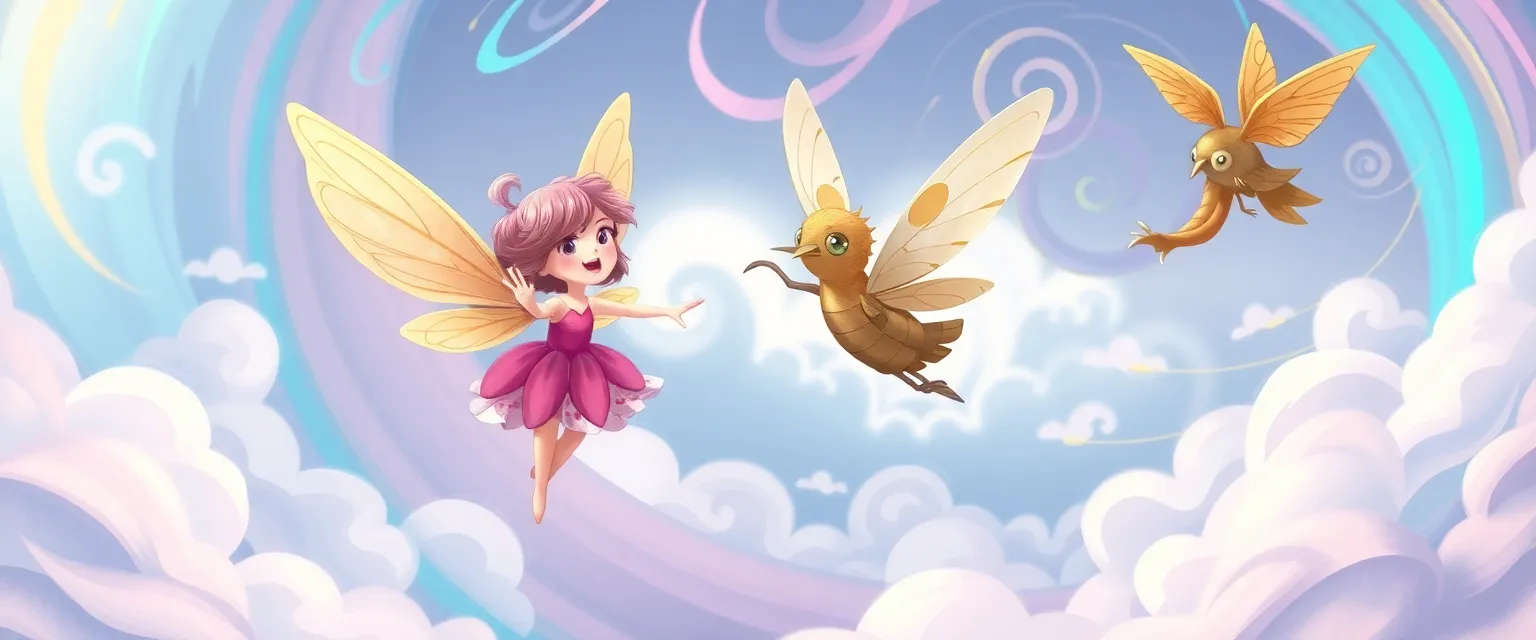 Fairy Petal and a mechanical hummingbird flying through a swirling wind.