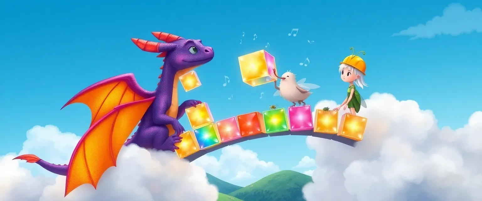 Young dragon Sparky and cloud girl Nimbus build a rainbow bridge of blocks.