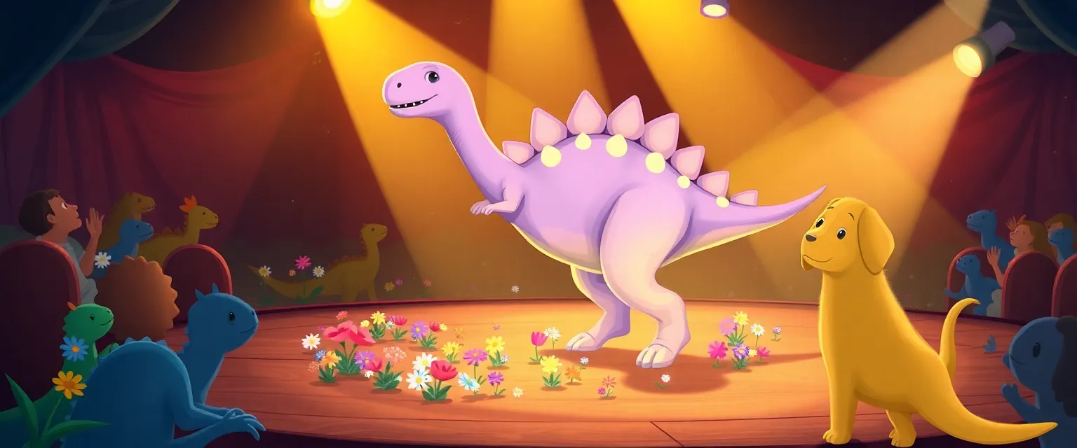 Gentle stegosaur Petal dances on stage as flowers bloom around her.