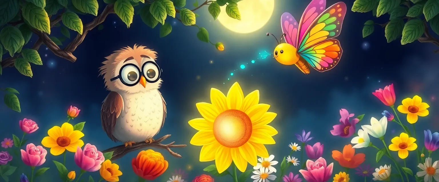 An owl and a sunflower watch a butterfly return voices to the flowers in the moonlit garden.