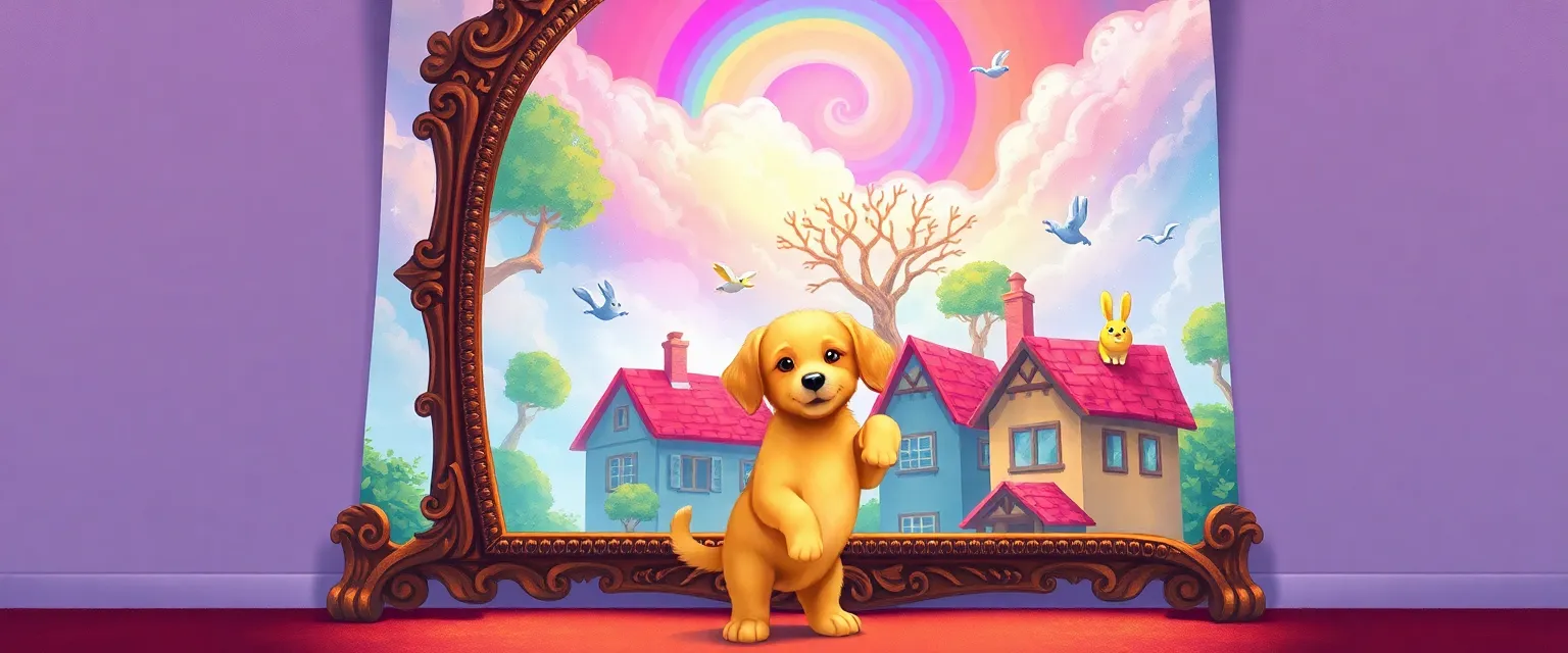 Puppy Pippin peers into a shimmering mirror, beyond which an upside-down world can be seen.