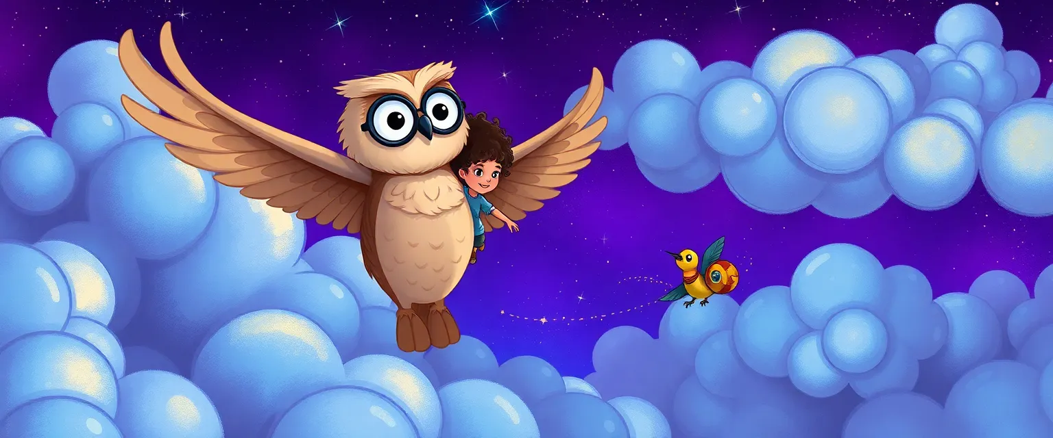 Stella and Professor Hoot flying through a maze of mirrored clouds.