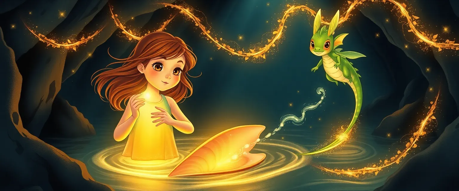 Marina and the dragon Spark find a glowing singing conch in a dark underwater trench.