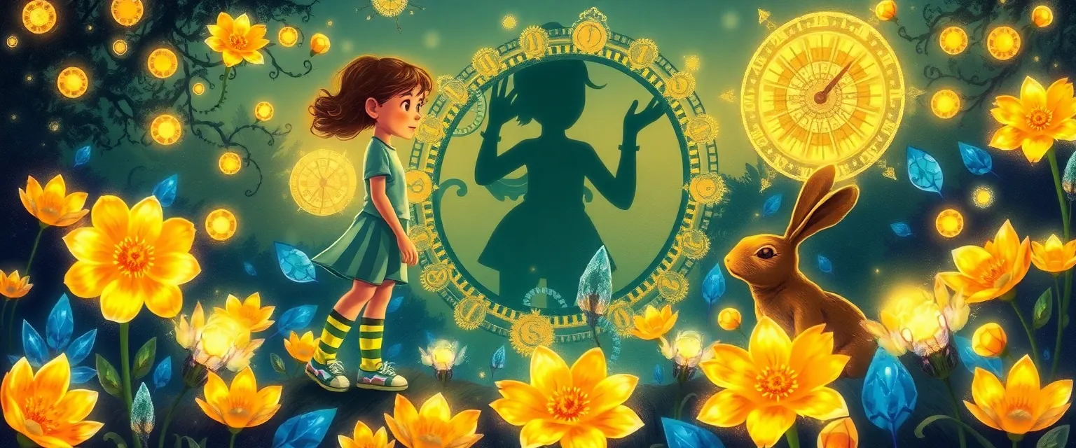 Irene the girl talking to the shadowy Minute Thief in a magical garden.