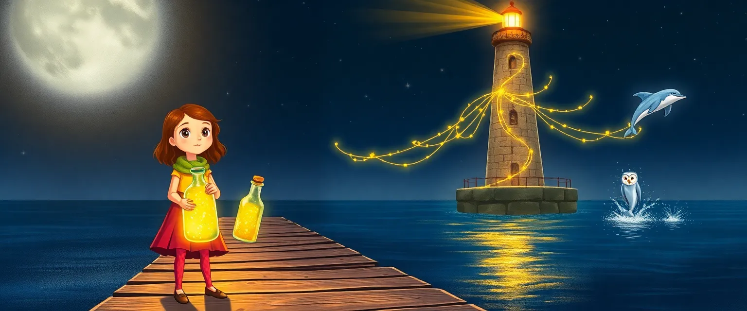A girl, Marina, stands on the pier holding a glowing bottle containing a story.
