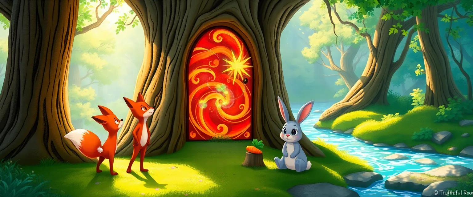 Felix and Clover look at the magical painted door on the old oak.