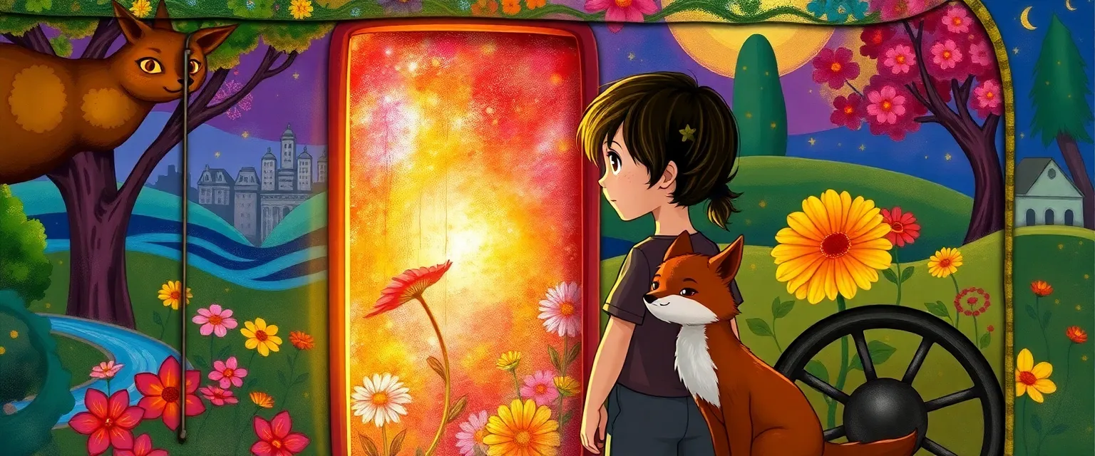 Mira and the fox Felix stand before the magical painted door.