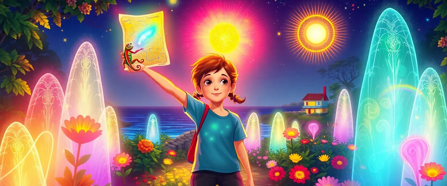 Marina holding a glowing map while rainbow springs burst around her.