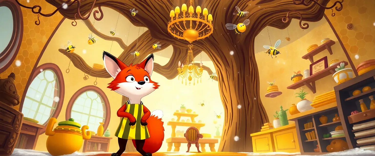 Young fox Felix looks in amazement at the upside-down magical bakery.