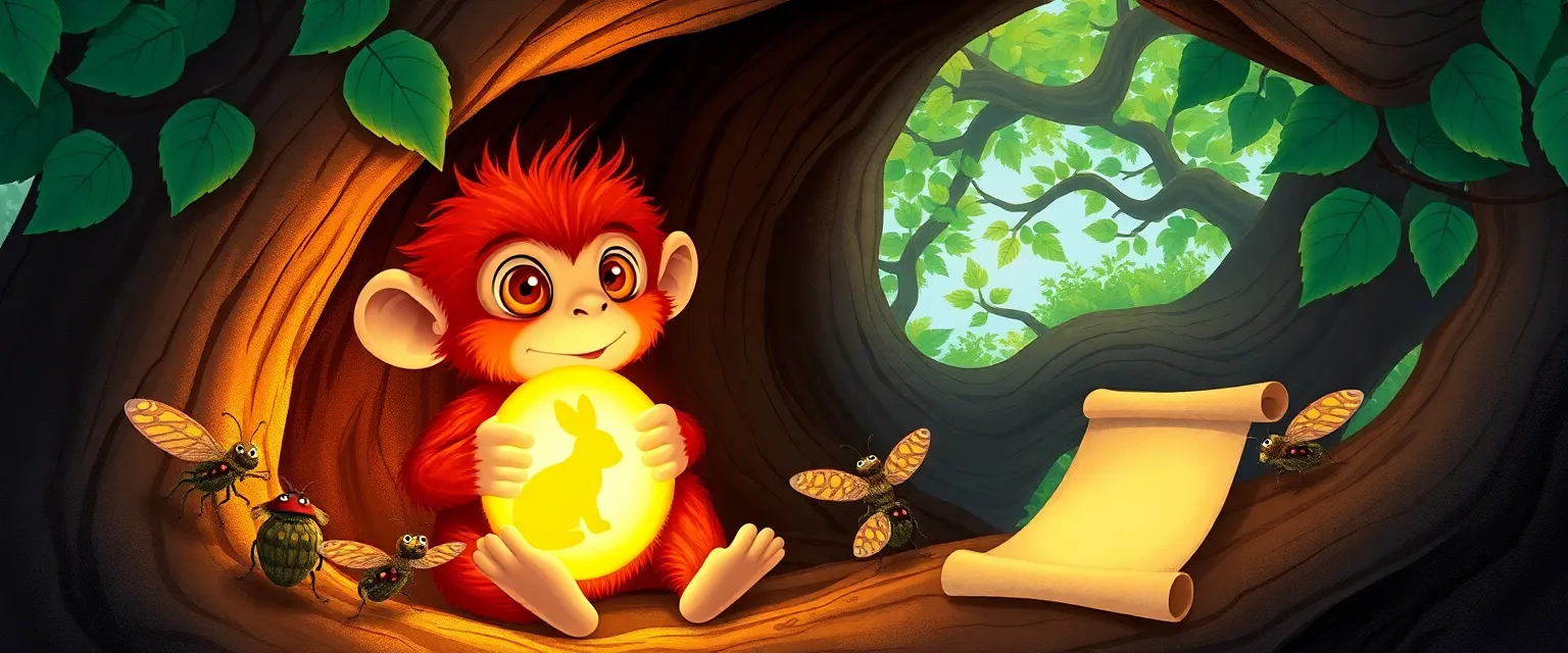 Milo the monkey finishes a story in the oak hollow with the help of magical ink beetles.