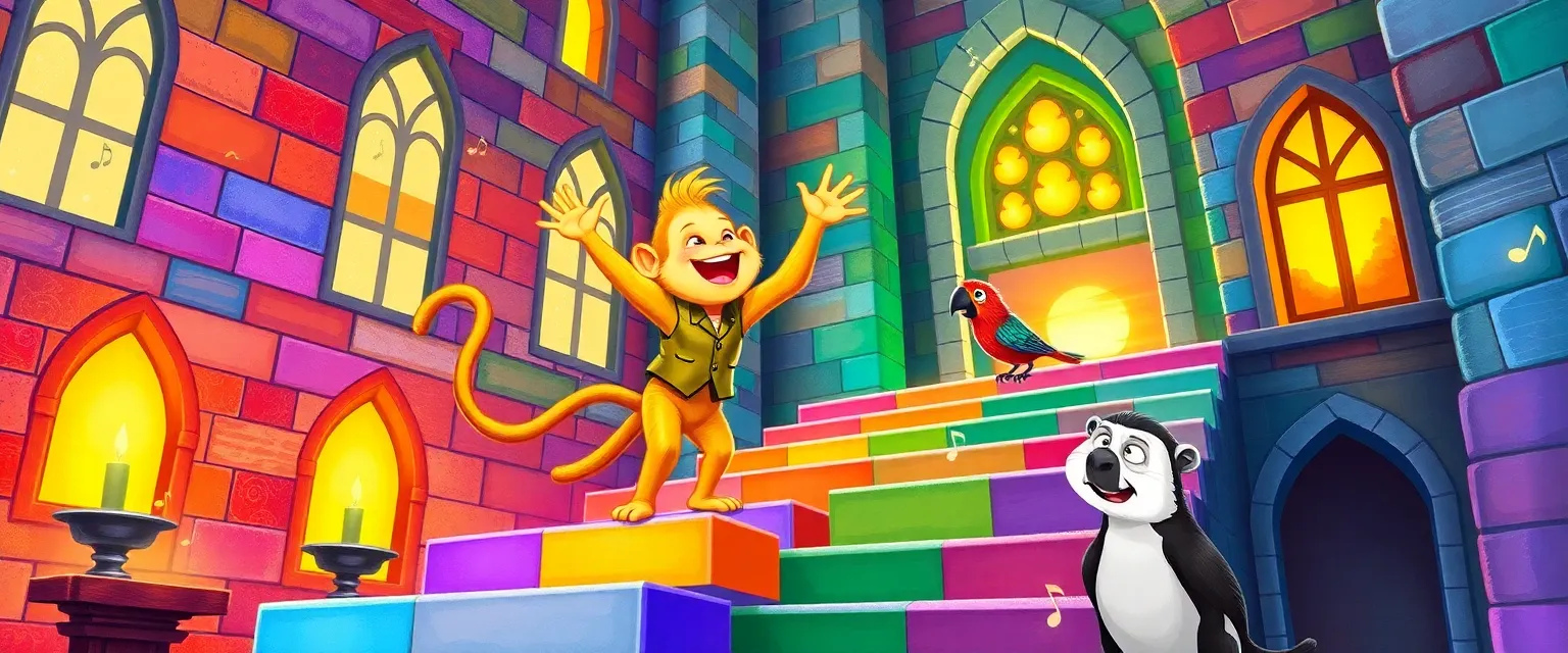 Milo the monkey conducts with his tail while the castle’s singing bricks glow and make musical notes.