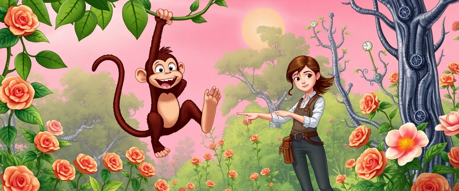 Mischievous monkey Milo swings on a vine with the girl Iris in a magical garden.