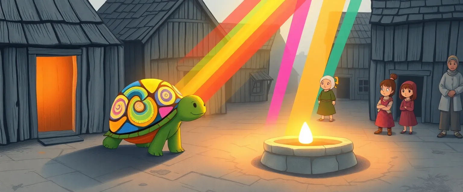 Little turtle Timmy glowing with rainbow light while the villagers look at him in wonder.