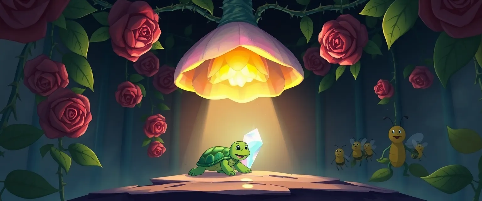 Черепашонок Тимоша ползёт между колючими розами к волшебному кристаллу.