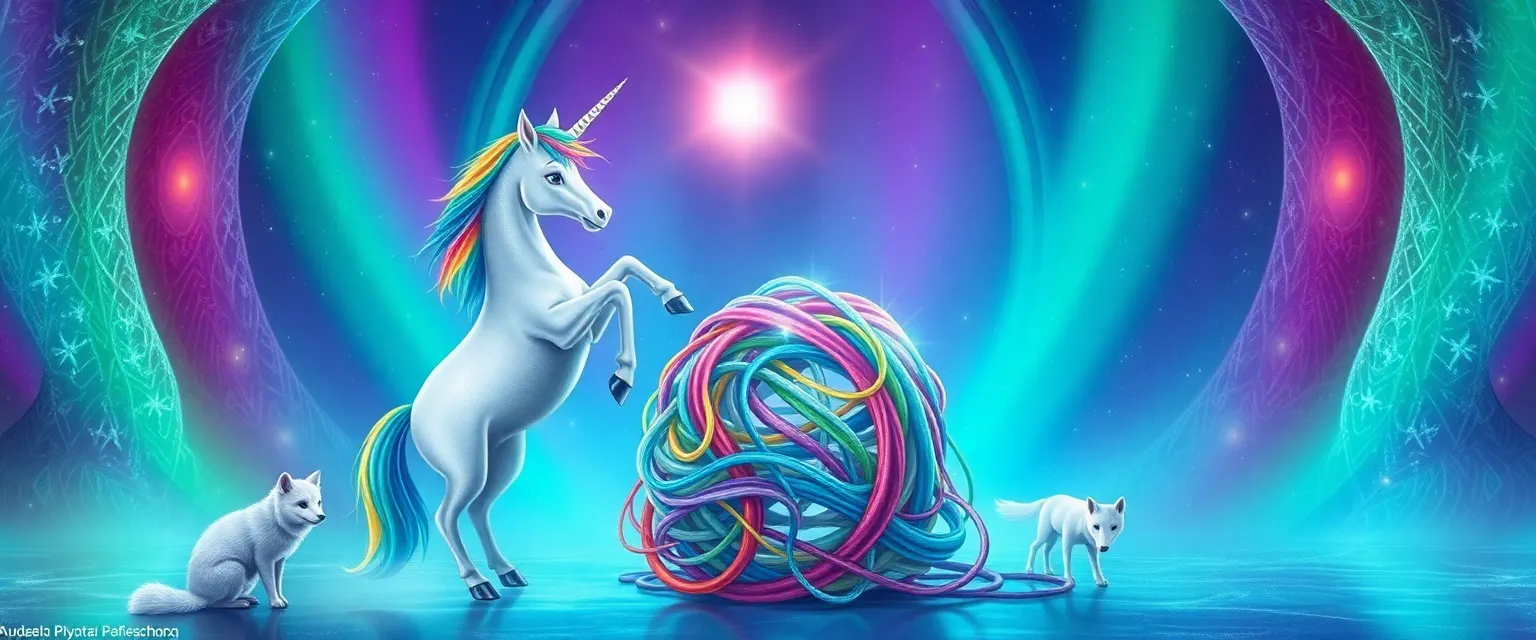 Единорожка Звёздочка распутывает волшебный узел светящихся нитей своим сияющим рогом.