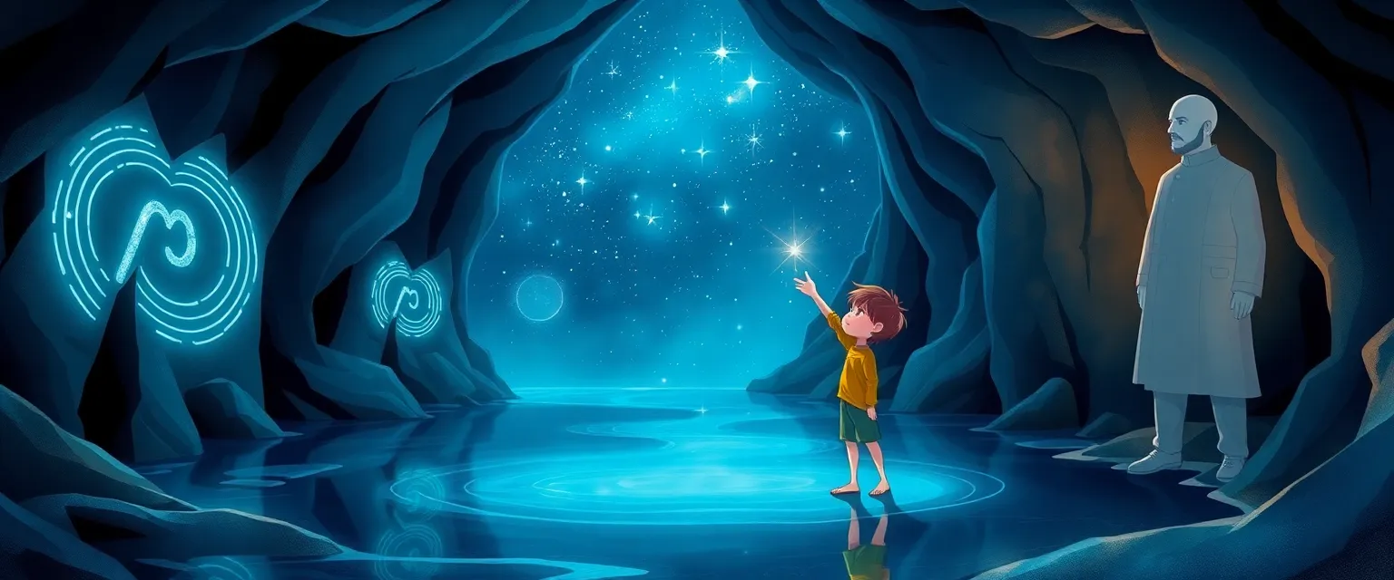 Оливер касается светящихся следов прилива в морской пещере.