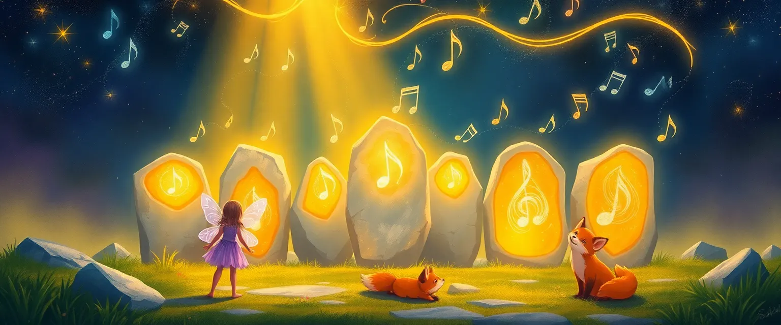 Фея Цветик и лисёнок Перчик наблюдают, как ожившие камни поют, а Ткачиха Теней окутывает их светом.