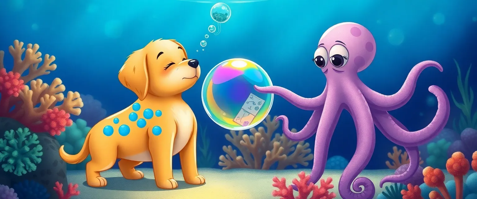 Щенок Баунс и осьминожка Чернильница ловят волшебный пузырь.