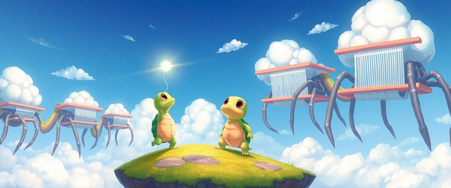 Черепах Тимофей показывает серебряную нить Облачным Ткачам.