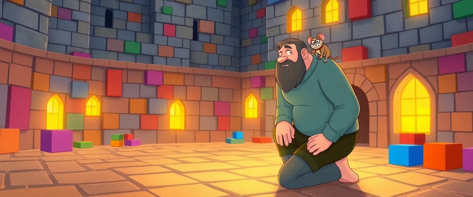 Финн и мышка Пип наблюдают, как серые кубики снова становятся разноцветными.