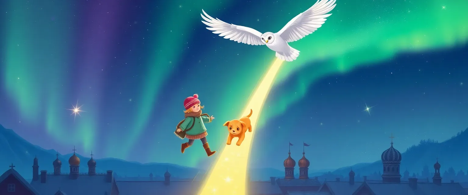 Золотистый щенок Баунс и девочка Вера идут по звездному лучу сквозь северное сияние.