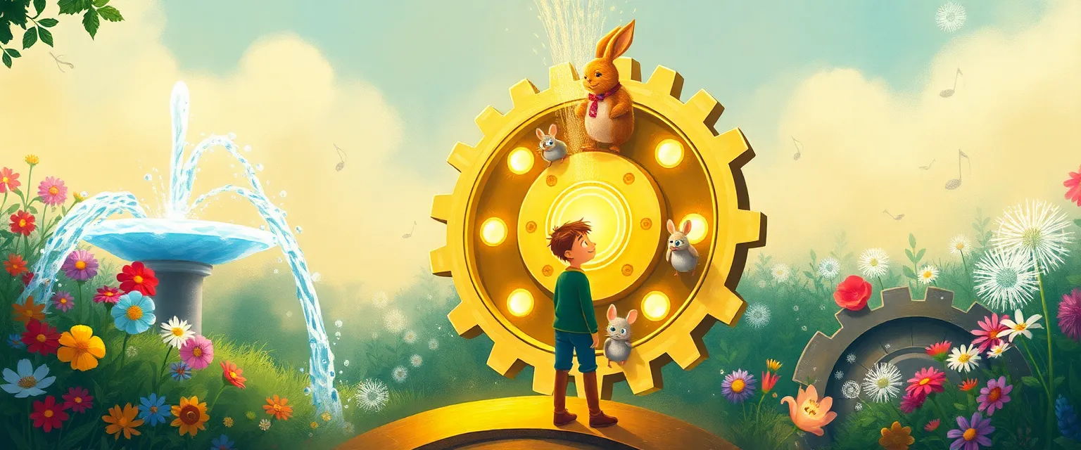 Оливер наблюдает, как заводные животные вместе вращают золотую шестерню в волшебном саду.
