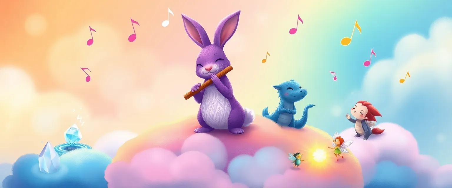 Кролик Мелодия играет на флейте, окружённая поющими магическими существами.