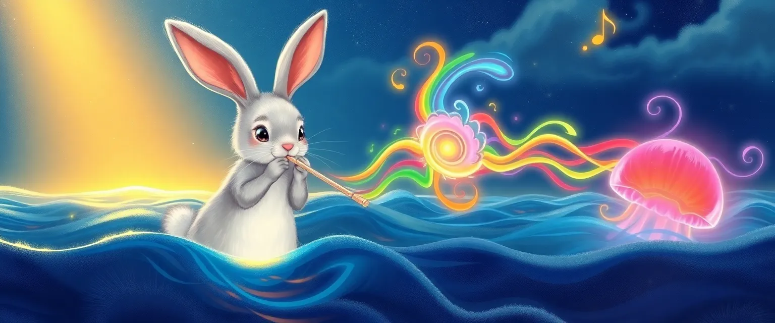 Крольчиха Мелодия играет на флейте, создавая волшебную музыку из света.