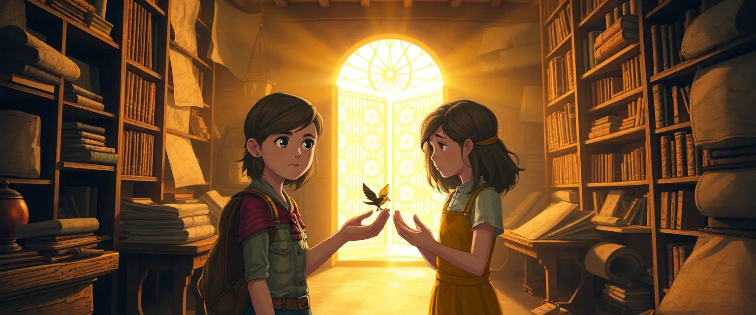 Ирина держит ожившую механическую птицу перед мерцающей золотой дверью.