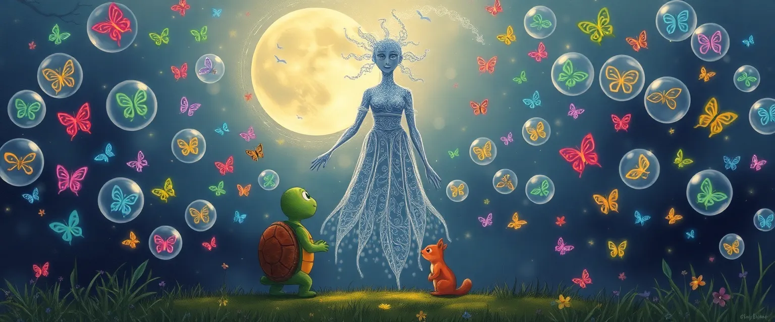 Тимофей и белочка слушают грустную Ткачиху Тишины в заколдованной поляне.