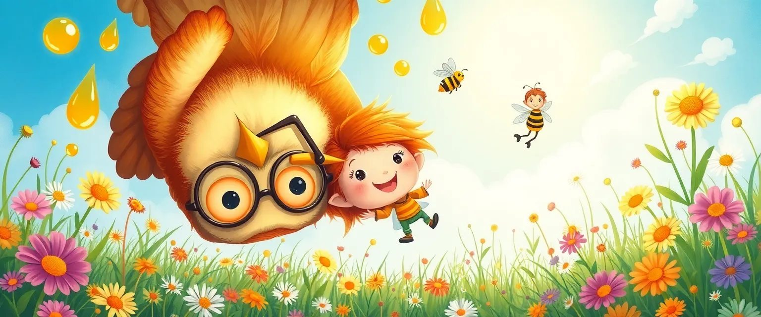 Профессор Гукало и эльфийка Кувырка парят вверх ногами в перевёрнутом лугу.