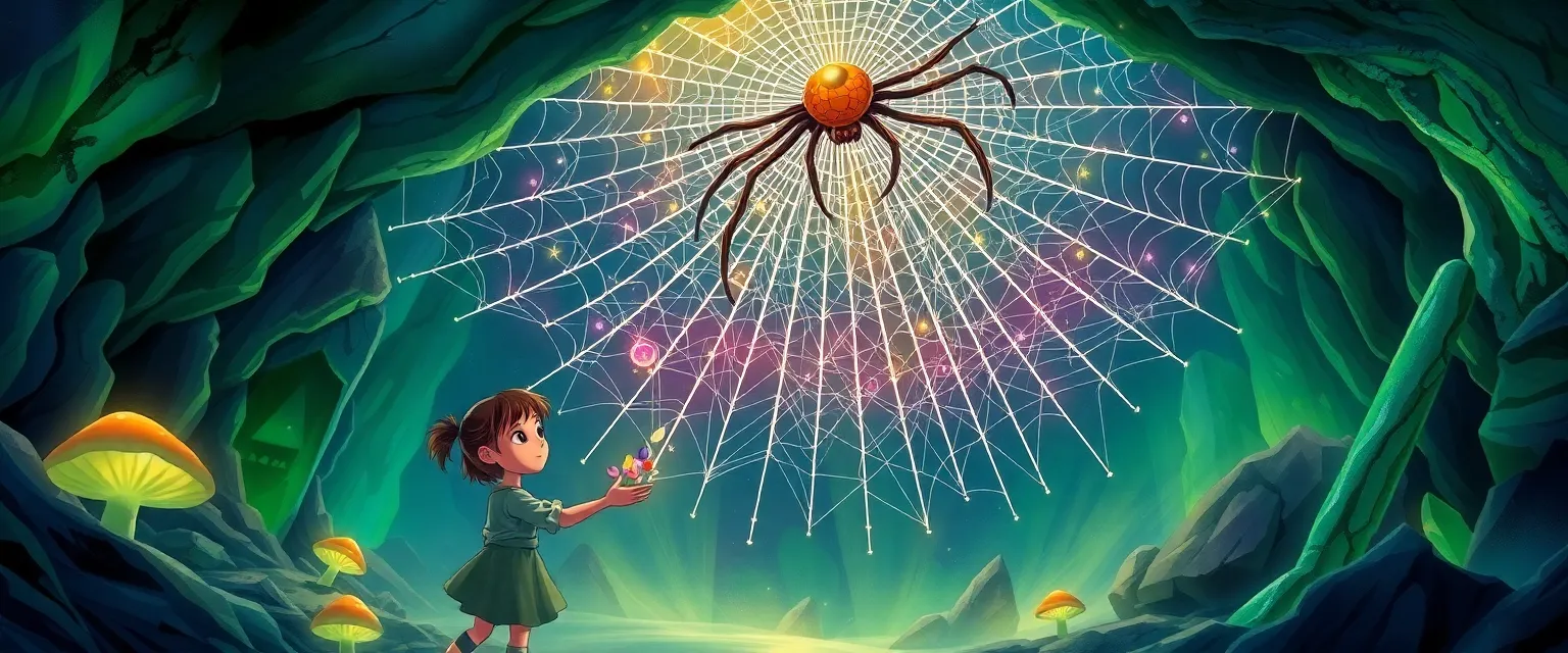 Девочка Луна протягивает лепестки грустной паучихе в сверкающей пещере.