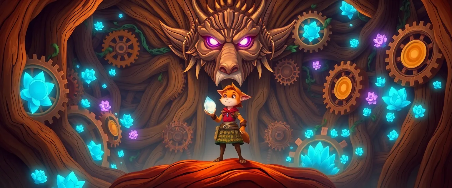 Лис Феликс держит светящийся кристалл в сердце Древнего Дуба.