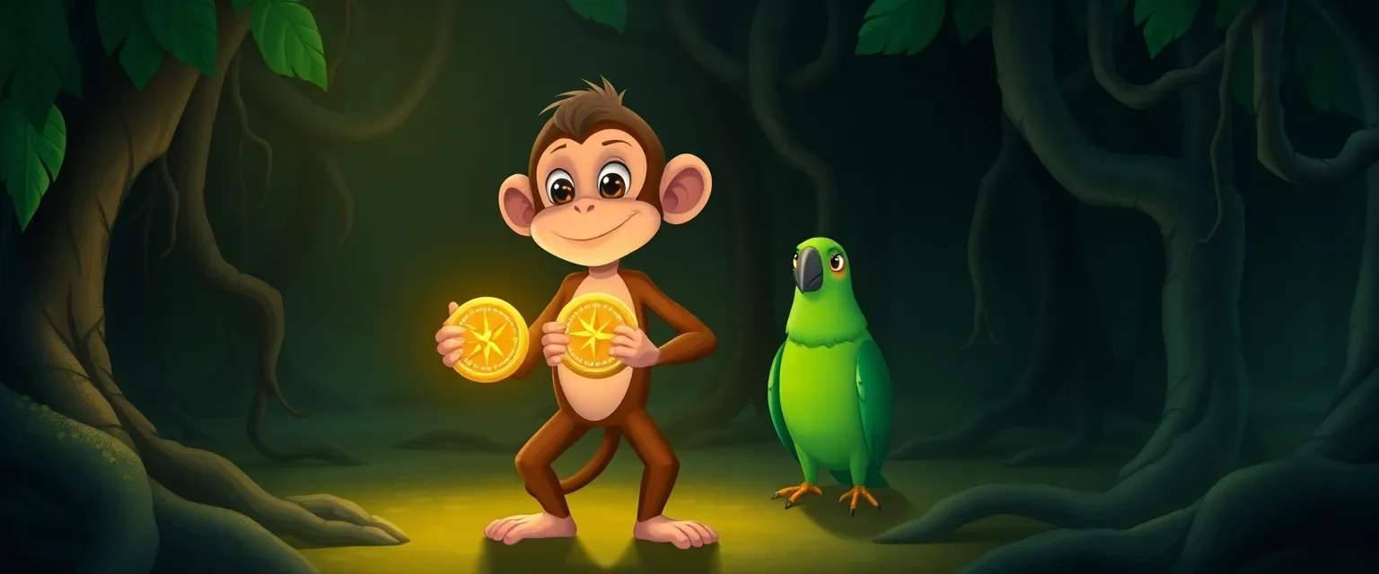 Обезьянка Мило и попугайха Зара смотрят на светящийся компас в тёмных джунглях.