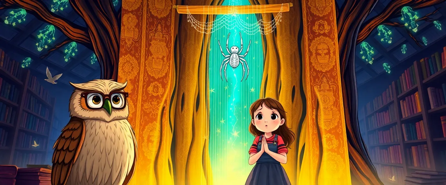 Профессор Филин и девочка Ирина наблюдают, как паук Веретено чинит волшебный гобелен.