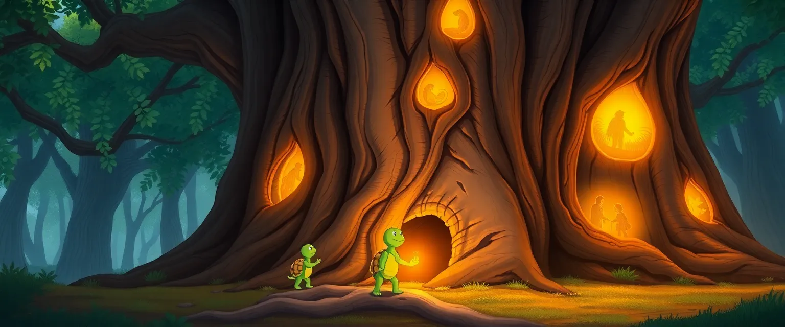 Черепашонок Тимоша возвращает светящиеся жёлуди корням древнего дуба.