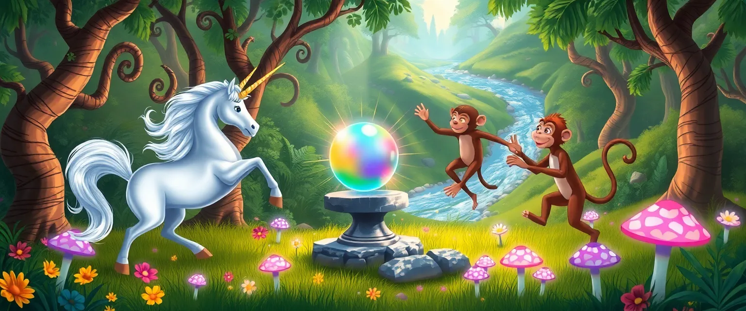 Единорожка и обезьянка танцуют вокруг волшебной жемчужины.